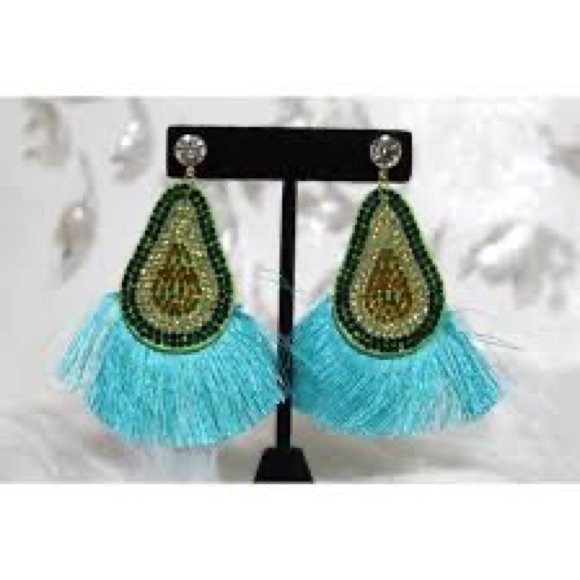 Green and Blue avacado rhinestone Beaded Earrings - Picture 2 of 3